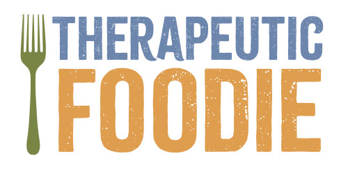 Therapeutic Foodie logo with a fork icon and the words Therapeutic Foodie in blue and orange text.
